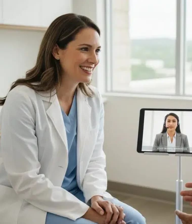 A clinician and patient speaking through a medical interpreter joining by video